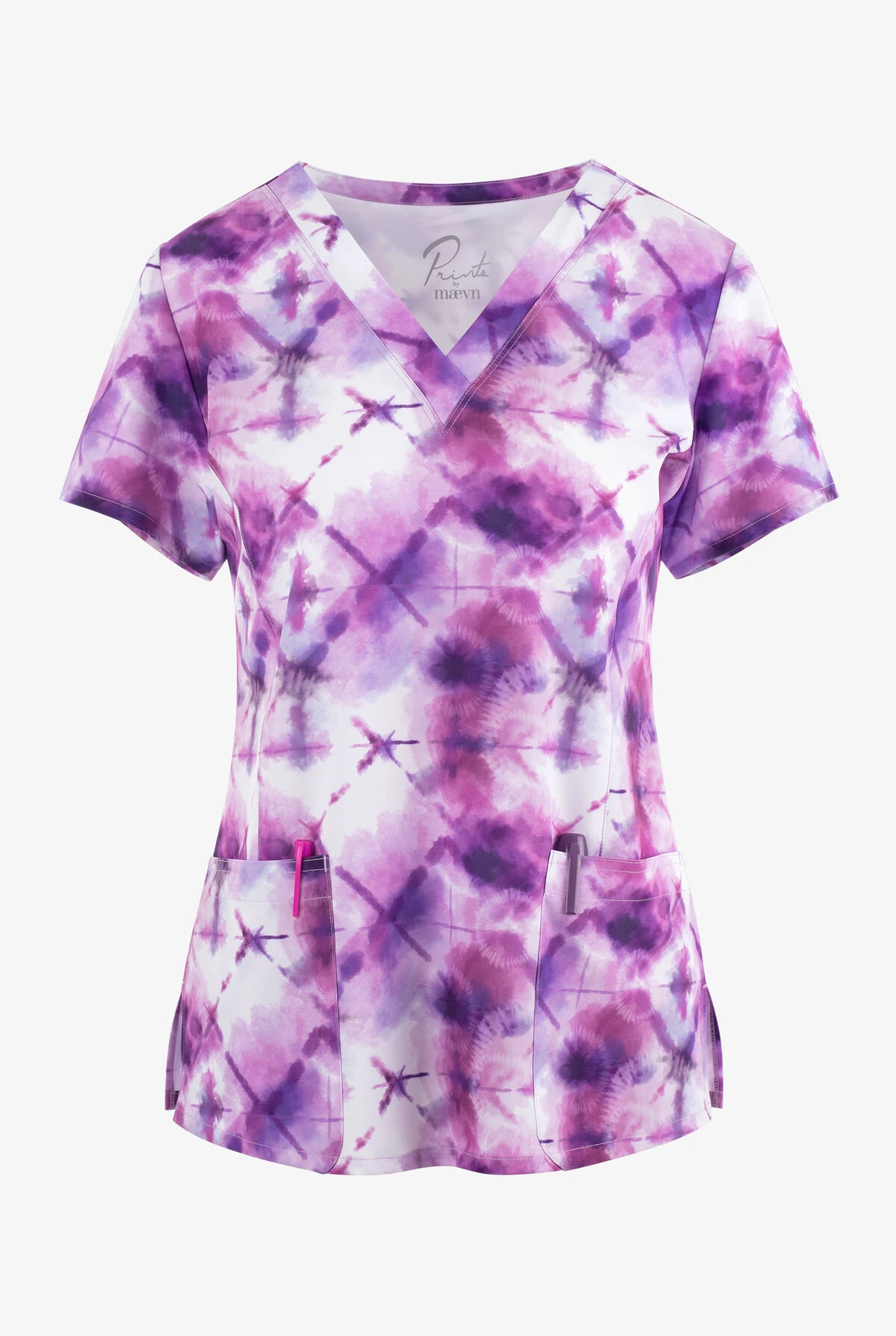 Maevn Mystic Tie Dye Women's 3-Pocket STRETCH V-Neck Print Scrub Top