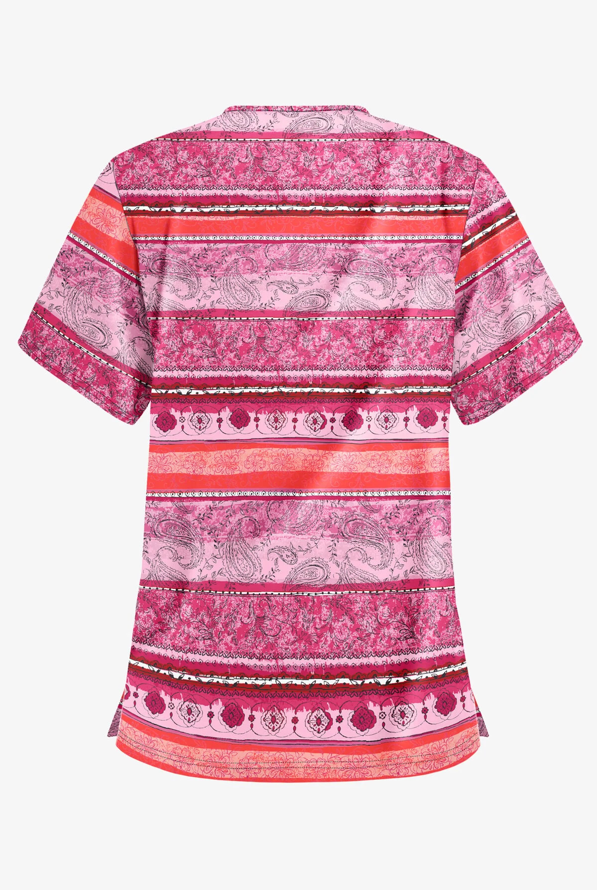 Butter-Soft Delhi Stripe Red Women's 3-Pocket V-Neck Print Scrub Top - Image 2