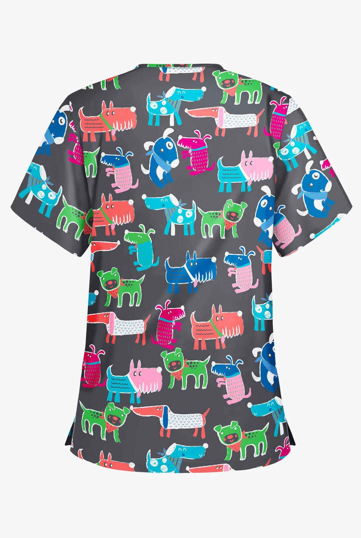 Butter-Soft Dog Walk Pewter Women's 3-Pocket V-Neck Print Scrub Top - Image 2