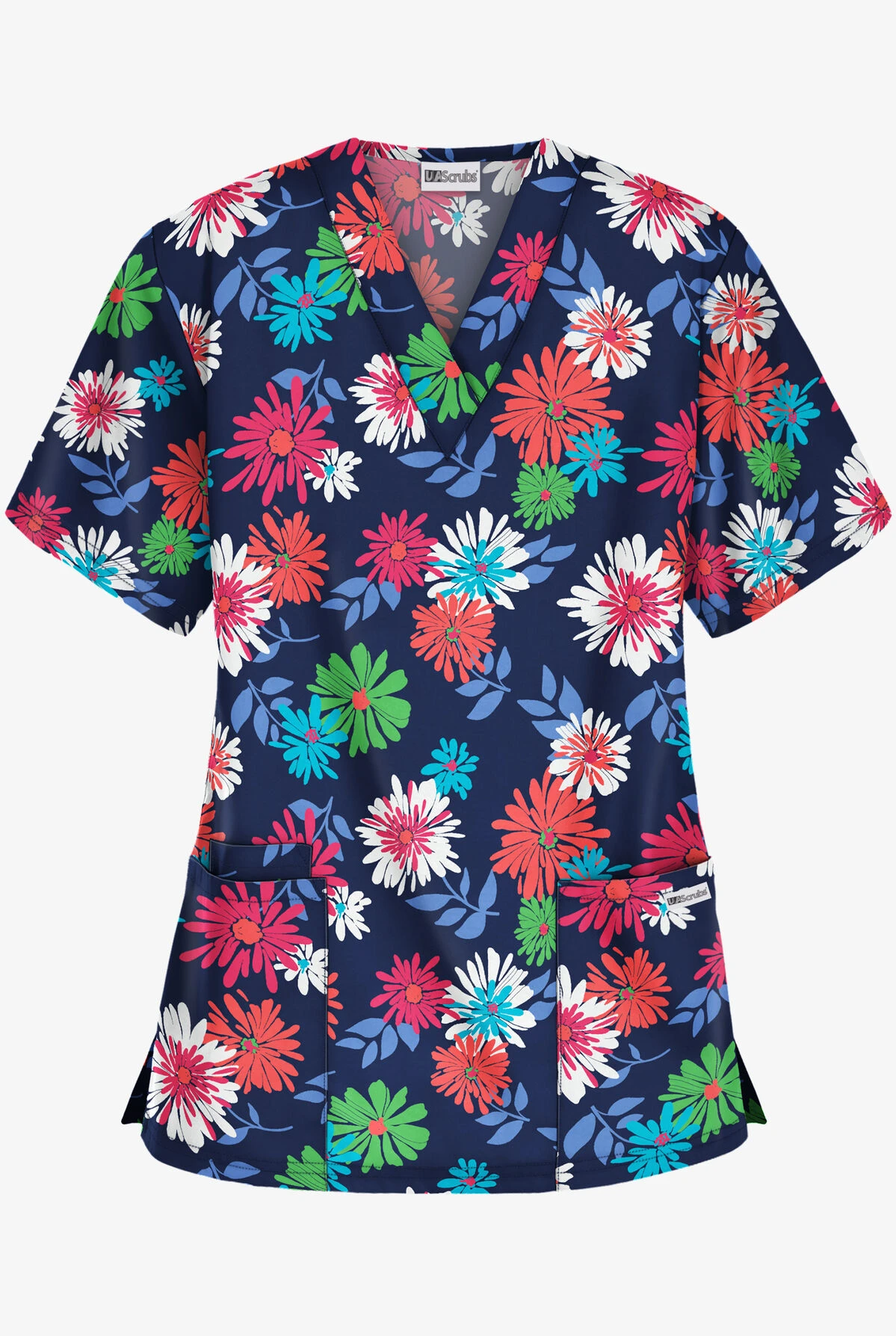 UA Best Buy Floral Beauty Navy Women's 3-Pocket V-Neck Print Scrub Top