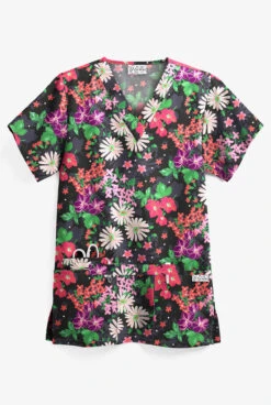 UA Garden Paradise Black Printed Women's 3-Pocket V-Neck Scrub Top