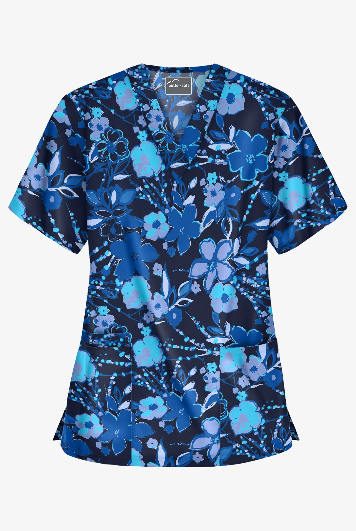 Butter-Soft London Floral Navy Women's 3-Pocket V-Neck Print Scrub Top