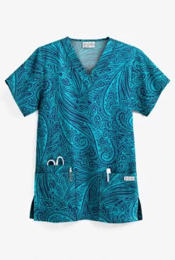 UA Paisley Delight Turquoise Women's 3-Pocket V-Neck Print Scrub Top