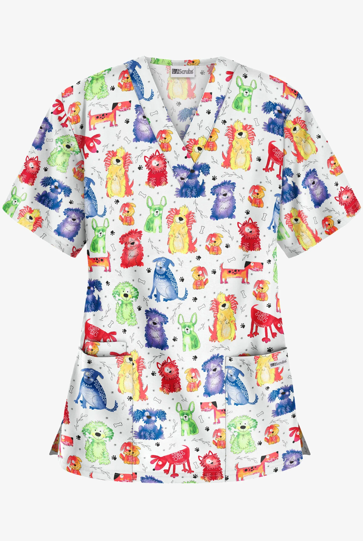 UA Best Buy Playful Doggies White Printed Women's 3-Pocket V-Neck Scrub Top