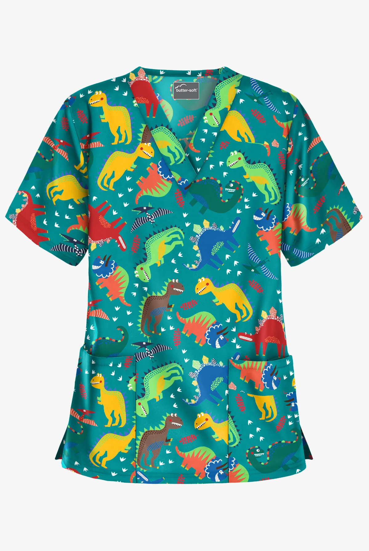 Butter-Soft Colorful Dinos Teal Women's 2-Pocket V-Neck Print Scrub Top