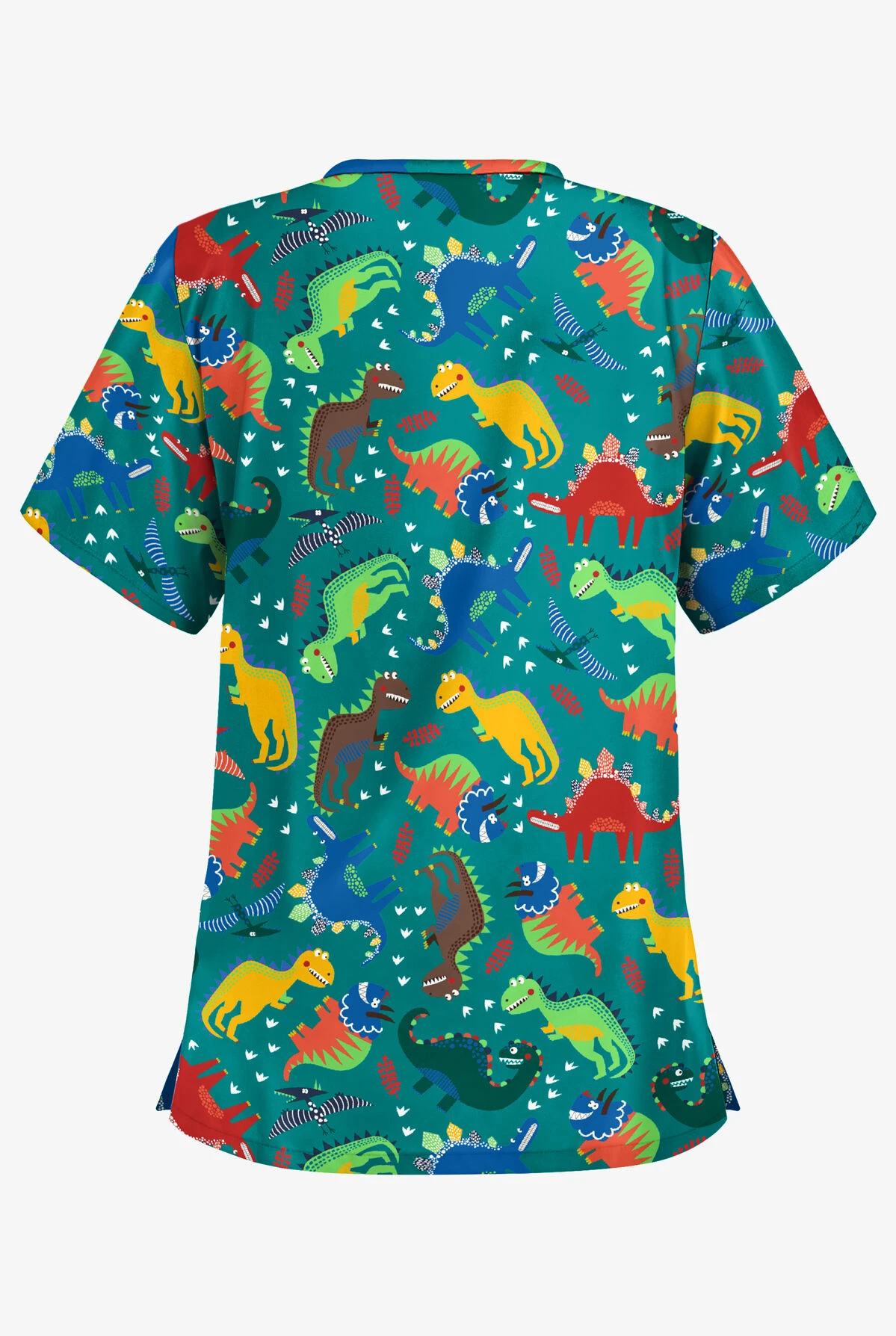 Butter-Soft Colorful Dinos Teal Women's 2-Pocket V-Neck Print Scrub Top - Image 2