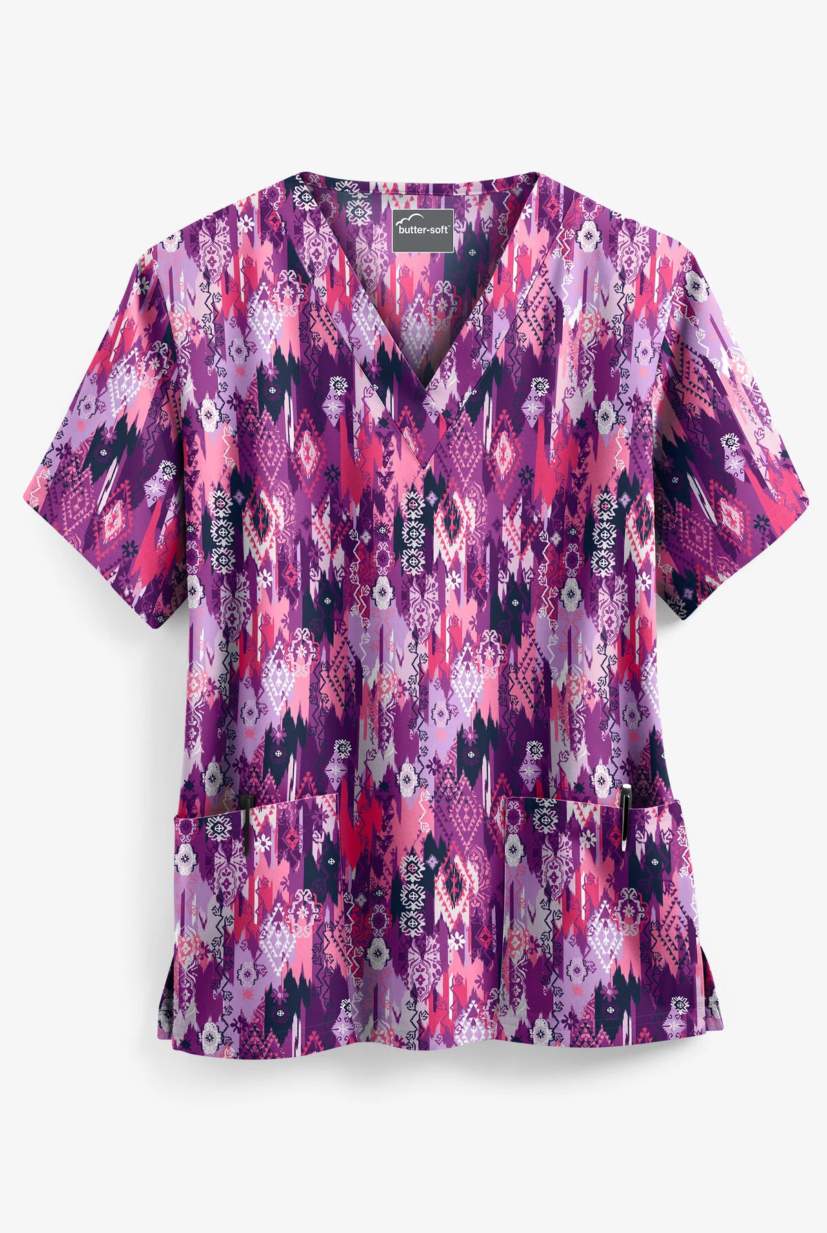 Butter-Soft Festive Ikat Eggplant Women's 2-Pocket V-Neck Print Scrub Top
