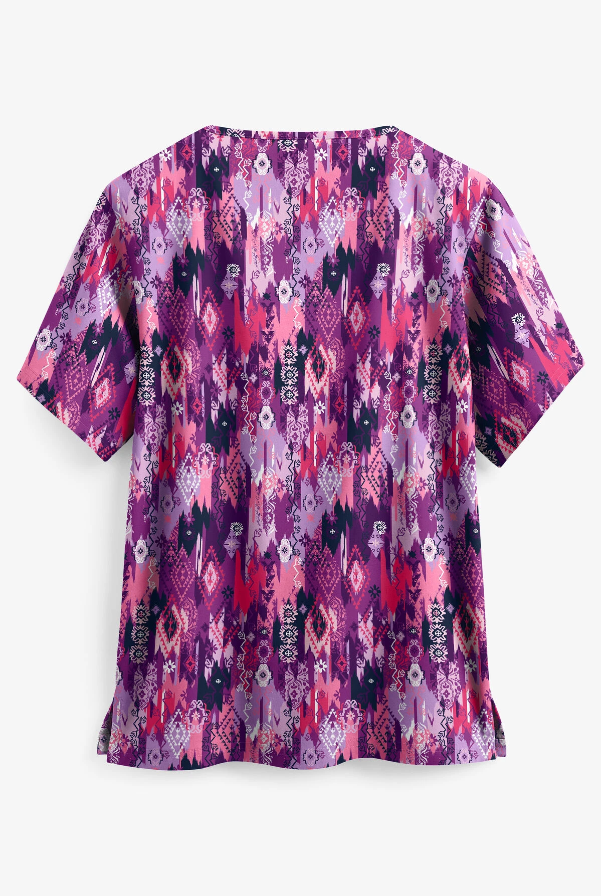 Butter-Soft Festive Ikat Eggplant Women's 2-Pocket V-Neck Print Scrub Top - Image 2