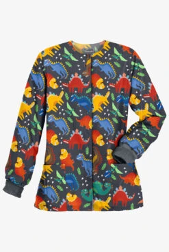 Butter-Soft Colorful Dinos Pewter Women's 2-Pocket Warm Up Print Scrub Jacket
