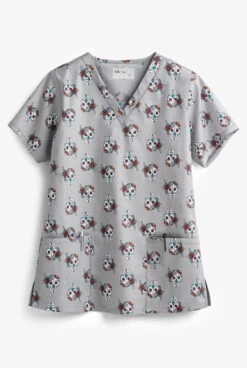 Tasha & Me Sugar Skulls Women's 2-Pocket V-Neck Print Scrub Top