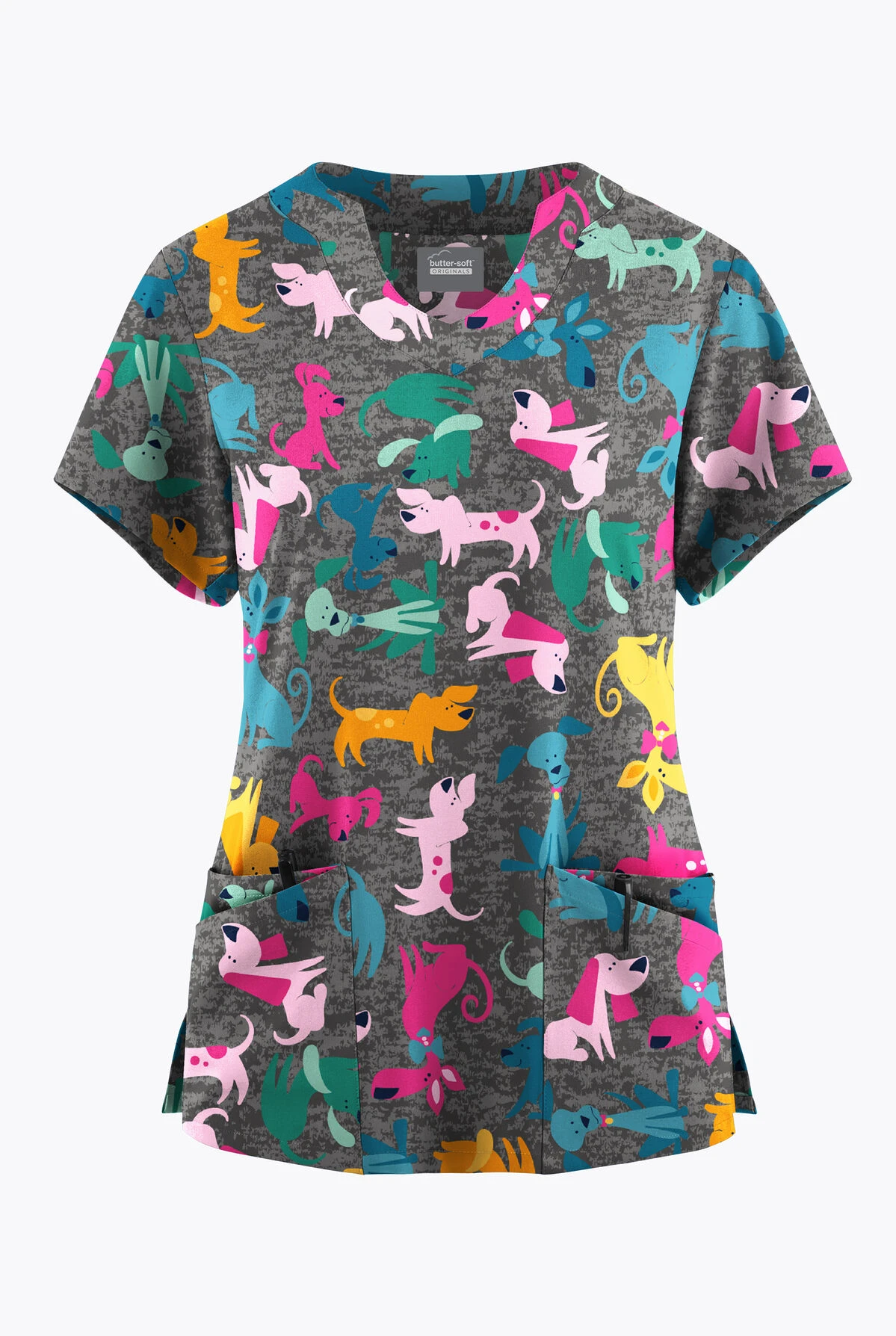 Butter-Soft Originals Paw Friends Pewter Women's 6-Pocket Scallop Neck Printed Scrub TopÂ