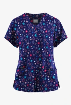 Butter-Soft Originals Summer Starburst Navy Women's 6-Pocket Scallop Neck Printed Scrub TopĀ