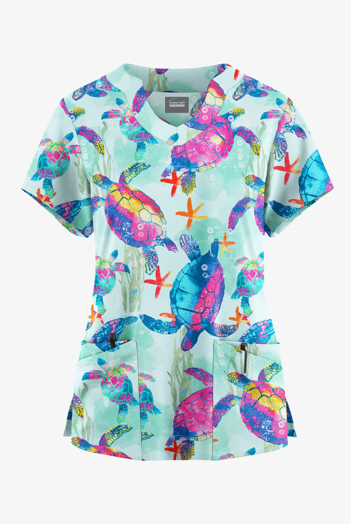 Butter-Soft Originals Turtle Journey Galaxy Women's 6-Pocket Scallop Neck Printed Scrub Top