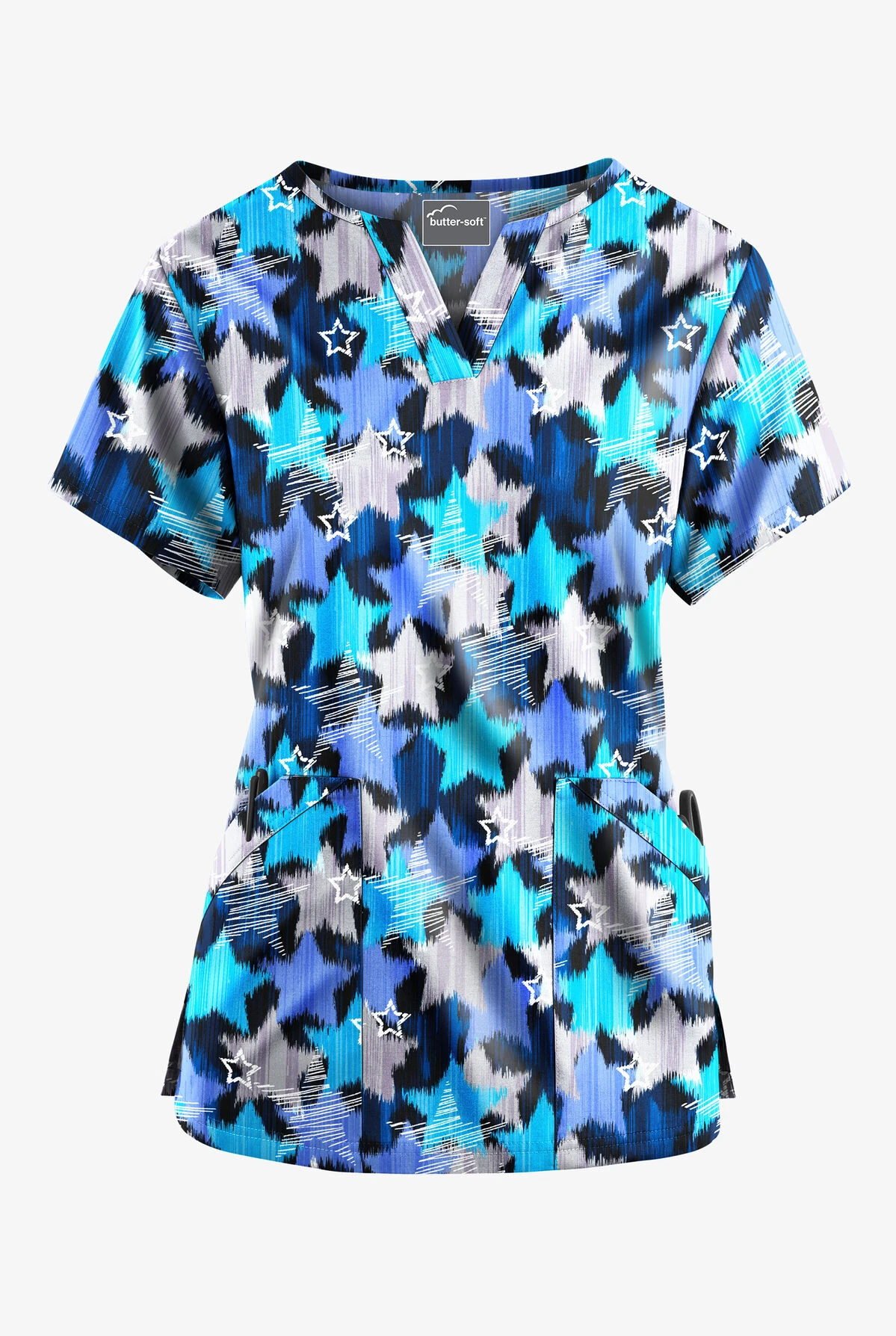 Butter-Soft Shining Stars Women’s 4-Pocket V Notch-Neck Printed Scrub Top