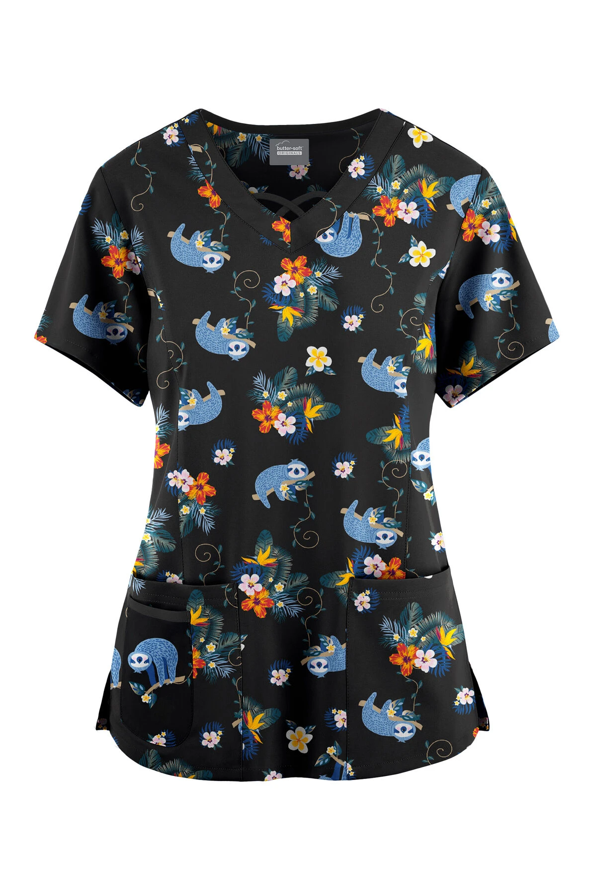 Butter-Soft Originals Nap Time Women's 3-Pocket Criss Cross Printed Scrub Top