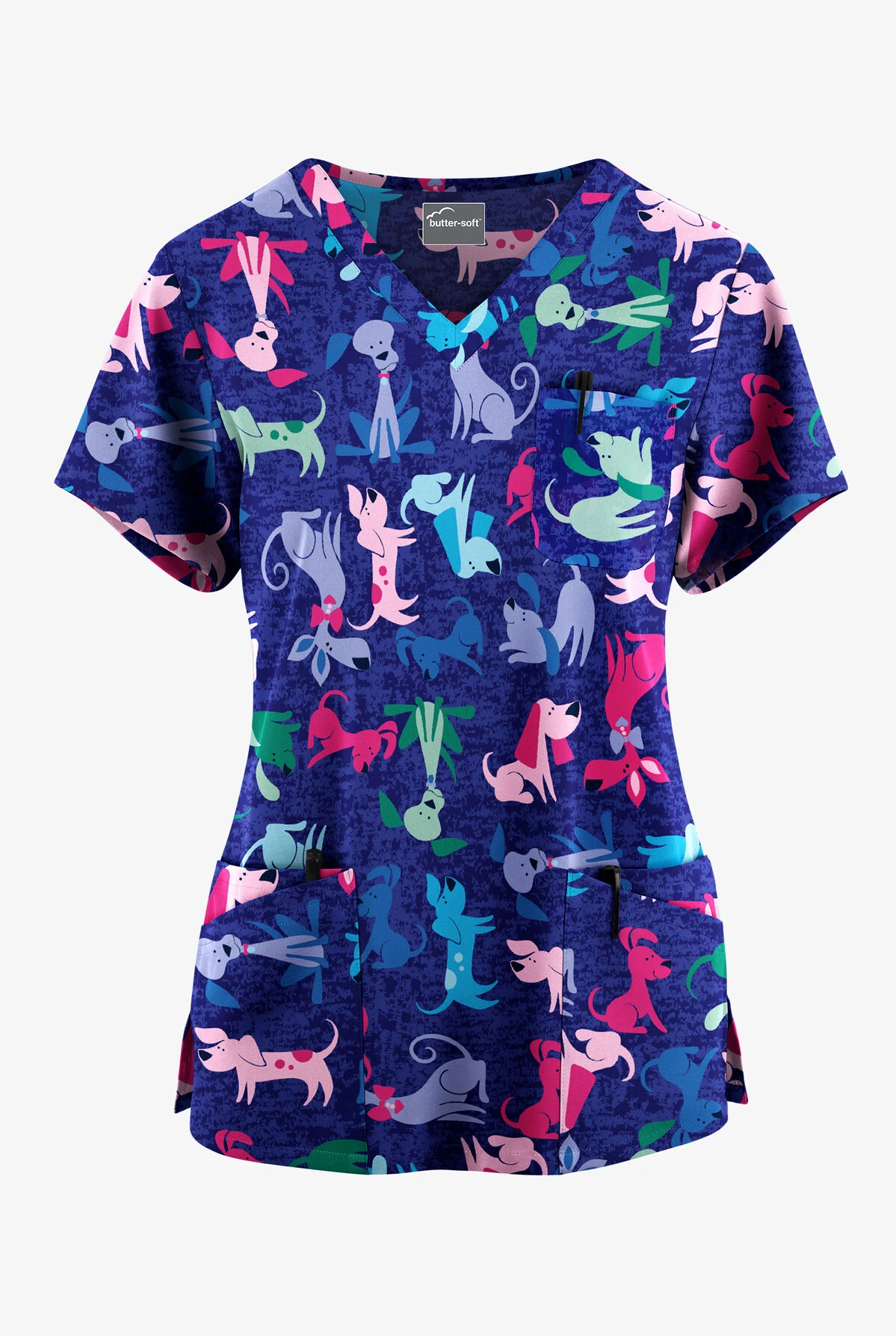 Butter-Soft Originals Paw Friends Navy Women's 7-Pocket Curved V-Neck Printed Scrub Top