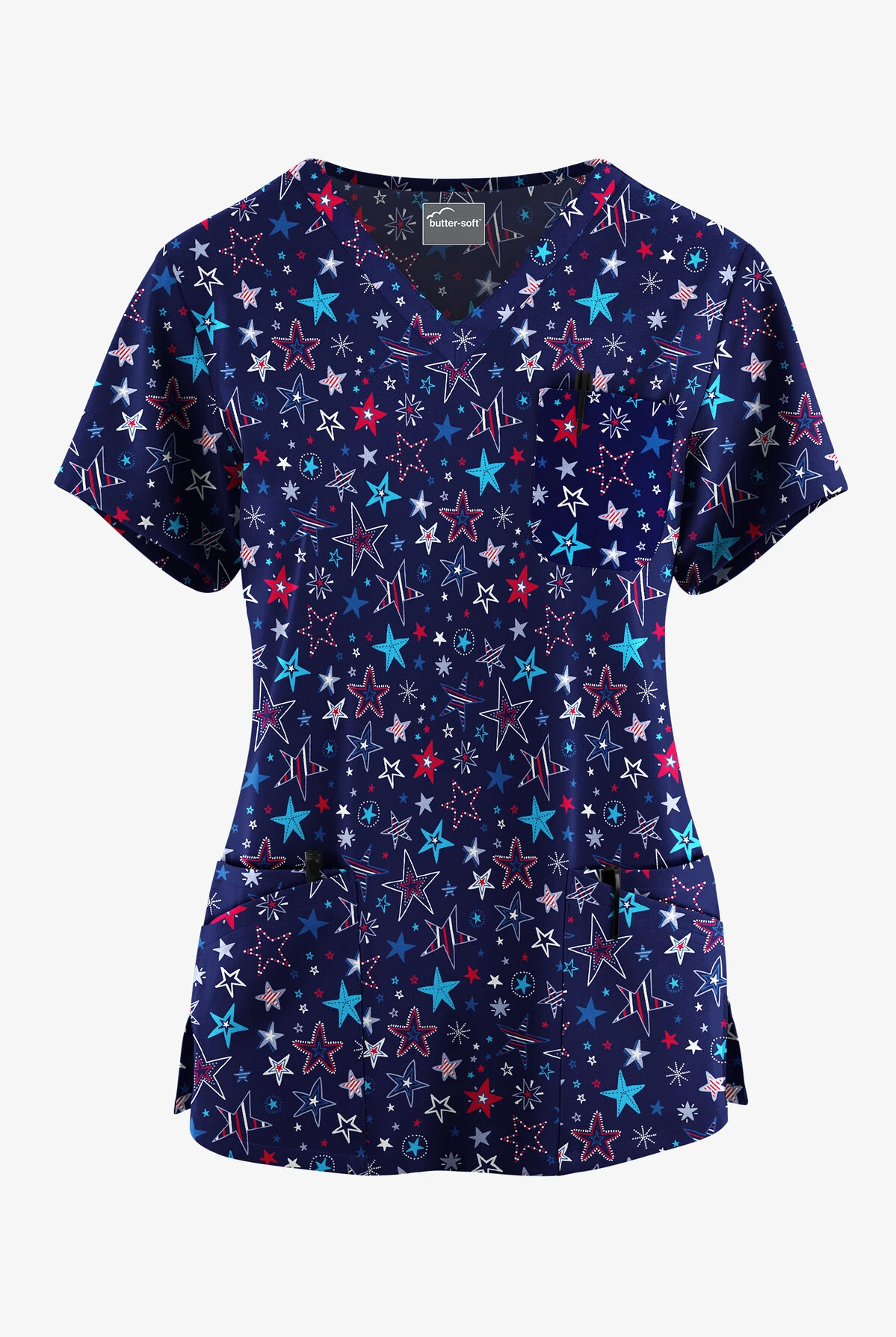 Butter-Soft Originals Summer Starburst Navy Women's 7-Pocket Curved V-Neck Printed Scrub TopÂ