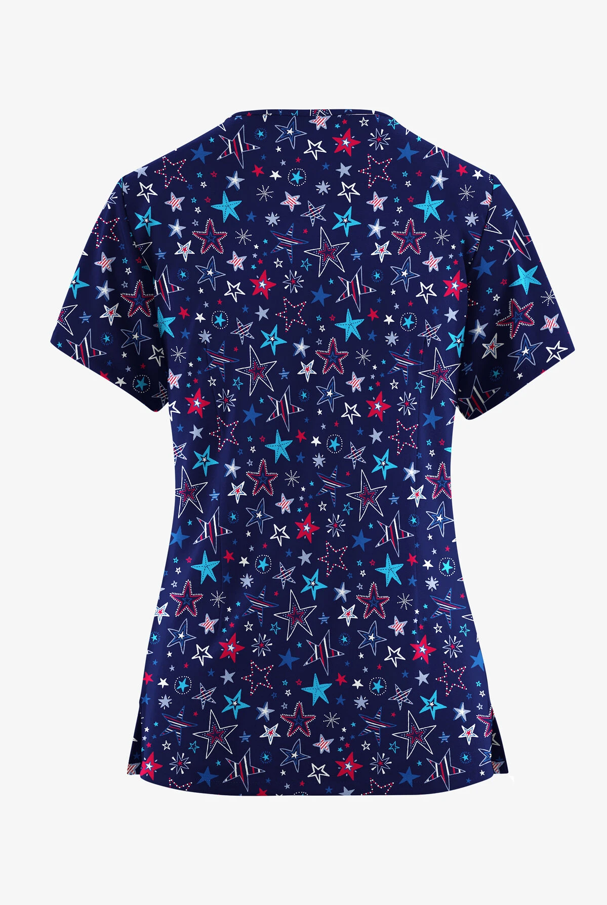 Butter-Soft Originals Summer Starburst Navy Women's 7-Pocket Curved V-Neck Printed Scrub Top - Image 2