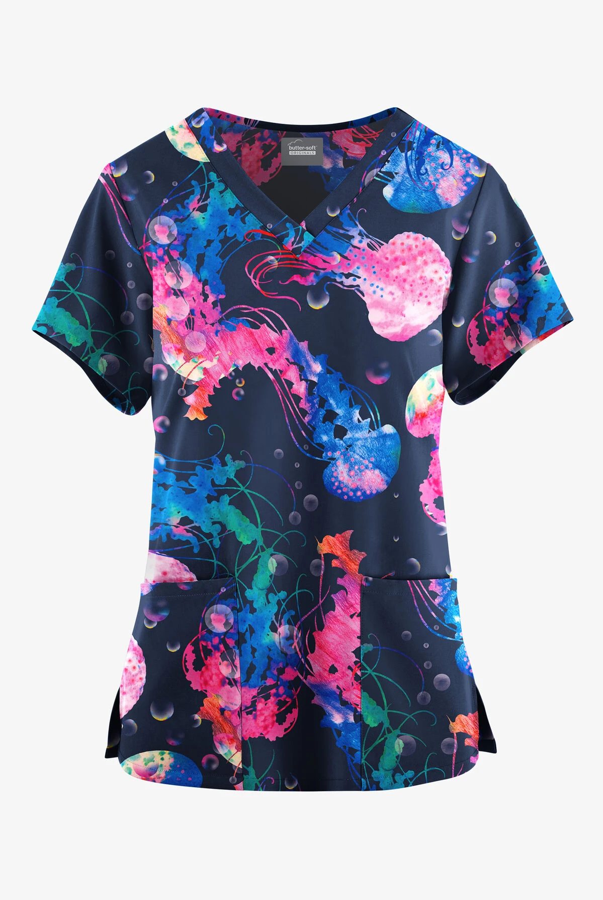 Butter-Soft Originals Serenity Voyage Navy Women's 4-Pocket Rounded V-Neck Printed Scrub Top