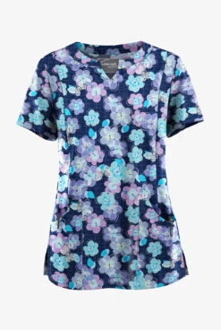 UA Butter-Soft STRETCH Blooms And Butterflies Navy Women’s 4-Pocket Notch-Neck Printed Scrub Top