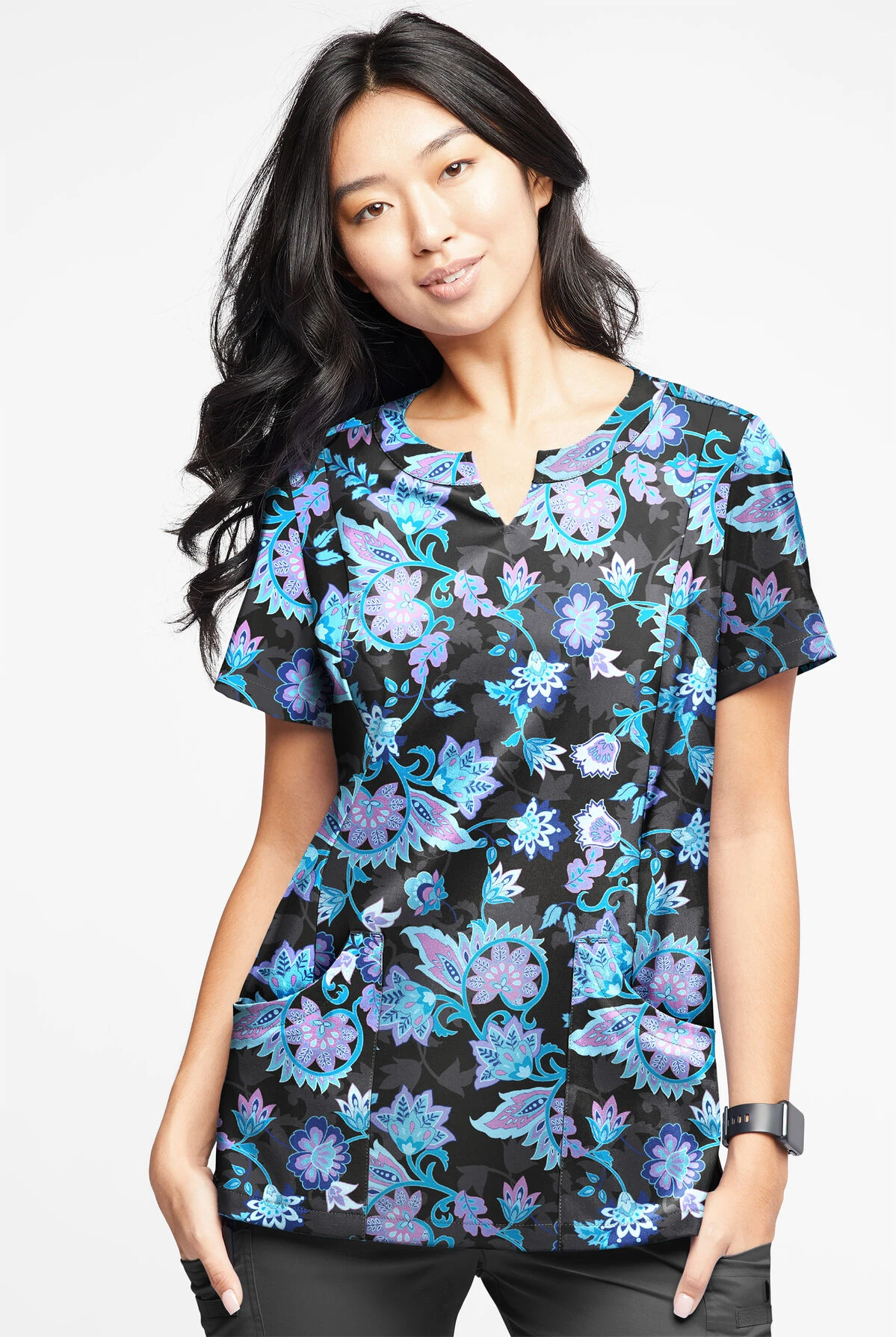 UA Butter-Soft STRETCH Jacobean Spring Women’s 4-Pocket Notch-Neck Printed Scrub Top - Image 2