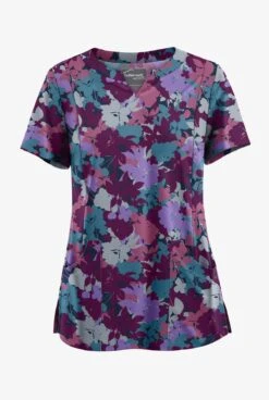Butter-Soft STRETCH Layered Floral Navy Women's 4-Pocket Notch Neck Print Scrub Top