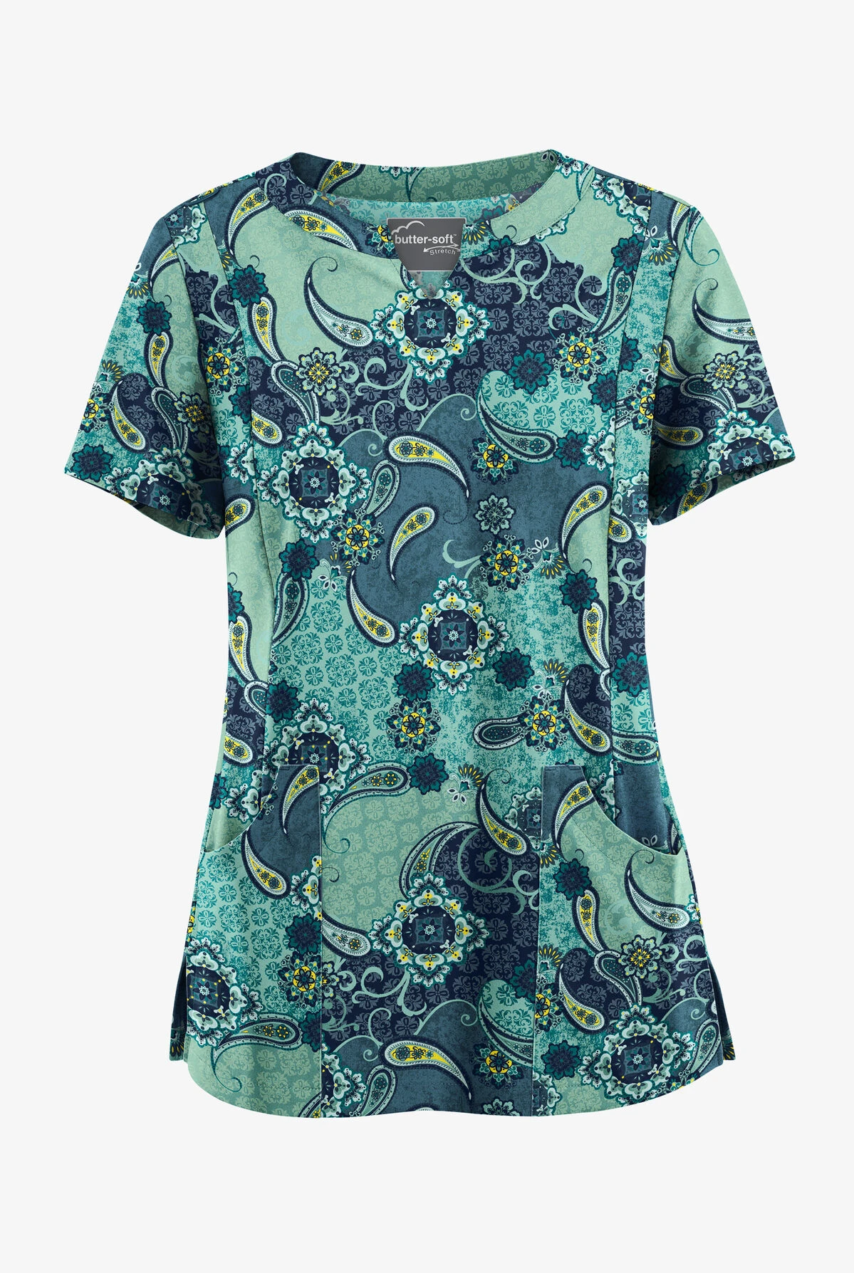 UA Butter-Soft STRETCH Mixed Medallion Navy Women’s 4-Pocket Notch-Neck Print Scrub Top