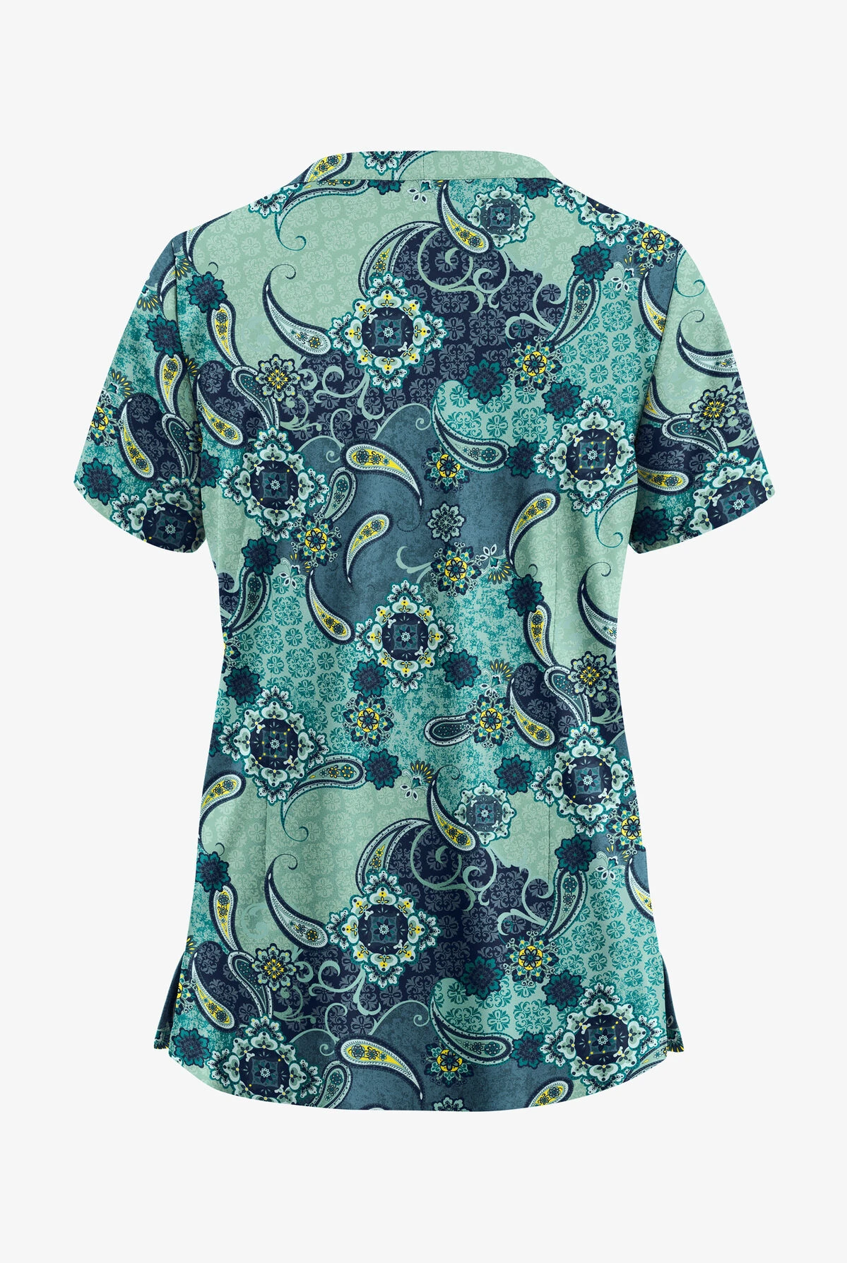 UA Butter-Soft STRETCH Mixed Medallion Navy Women’s 4-Pocket Notch-Neck Print Scrub Top - Image 2