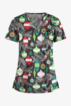 Butter-Soft Christmas Baubles Women's 1-Pocket V-Neck Tuck-In Print Scrub Top