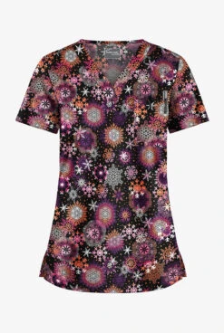 Butter-Soft Dazzling Snowflakes Women's 1-Pocket V-Neck Tuck-In Print Scrub Top