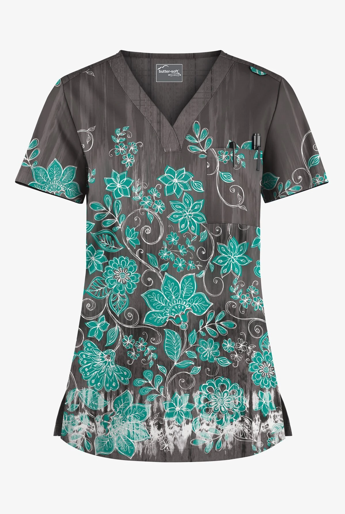UA Butter-Soft STRETCH Wildflower Border Pewter Women's 1-Pocket V-Neck Tuck-In Printed Scrub Top
