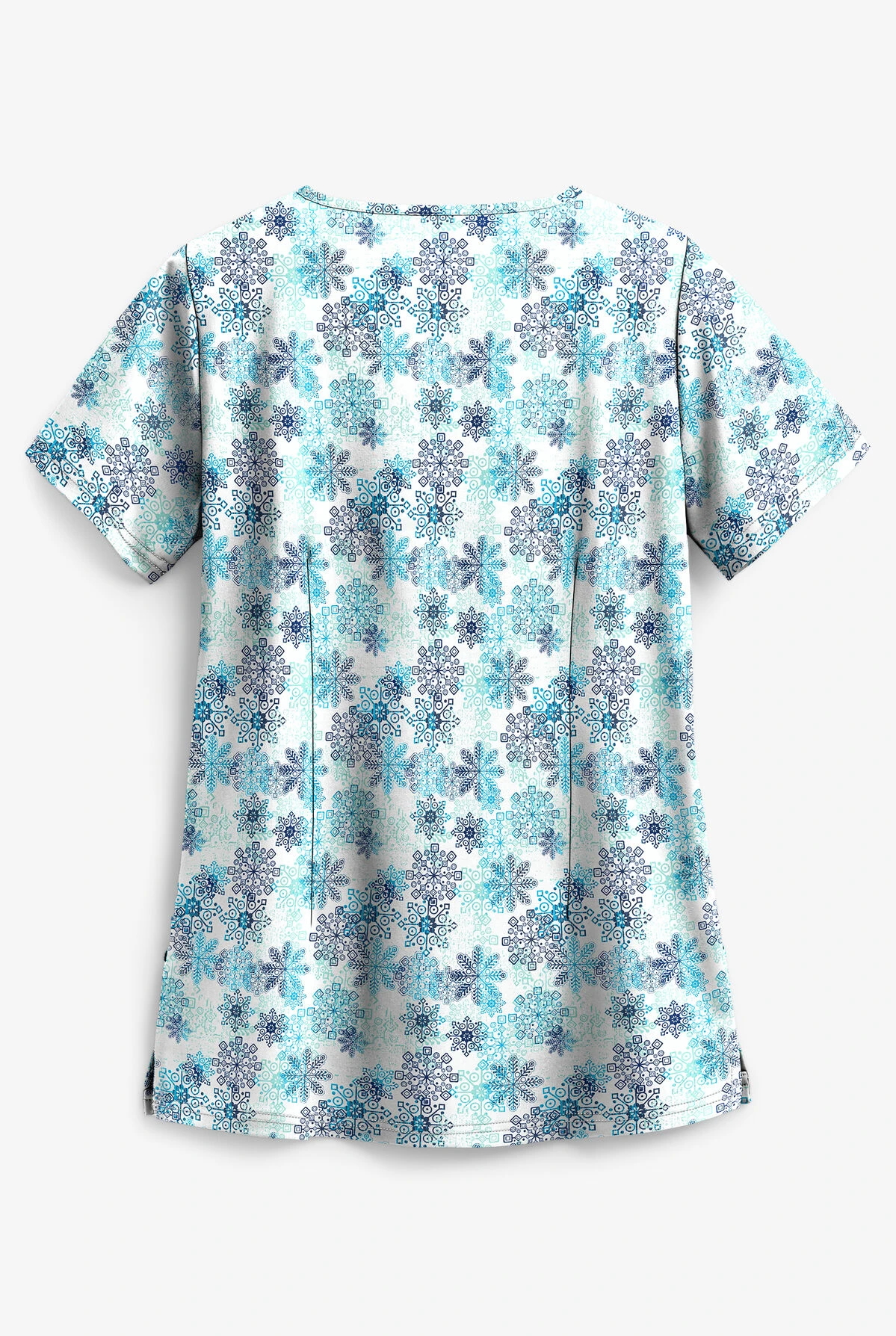 Butter-Soft Falling Snowflakes Aqua Moon Women's 4-Pocket Notch Neck Print Scrub Top - Image 2