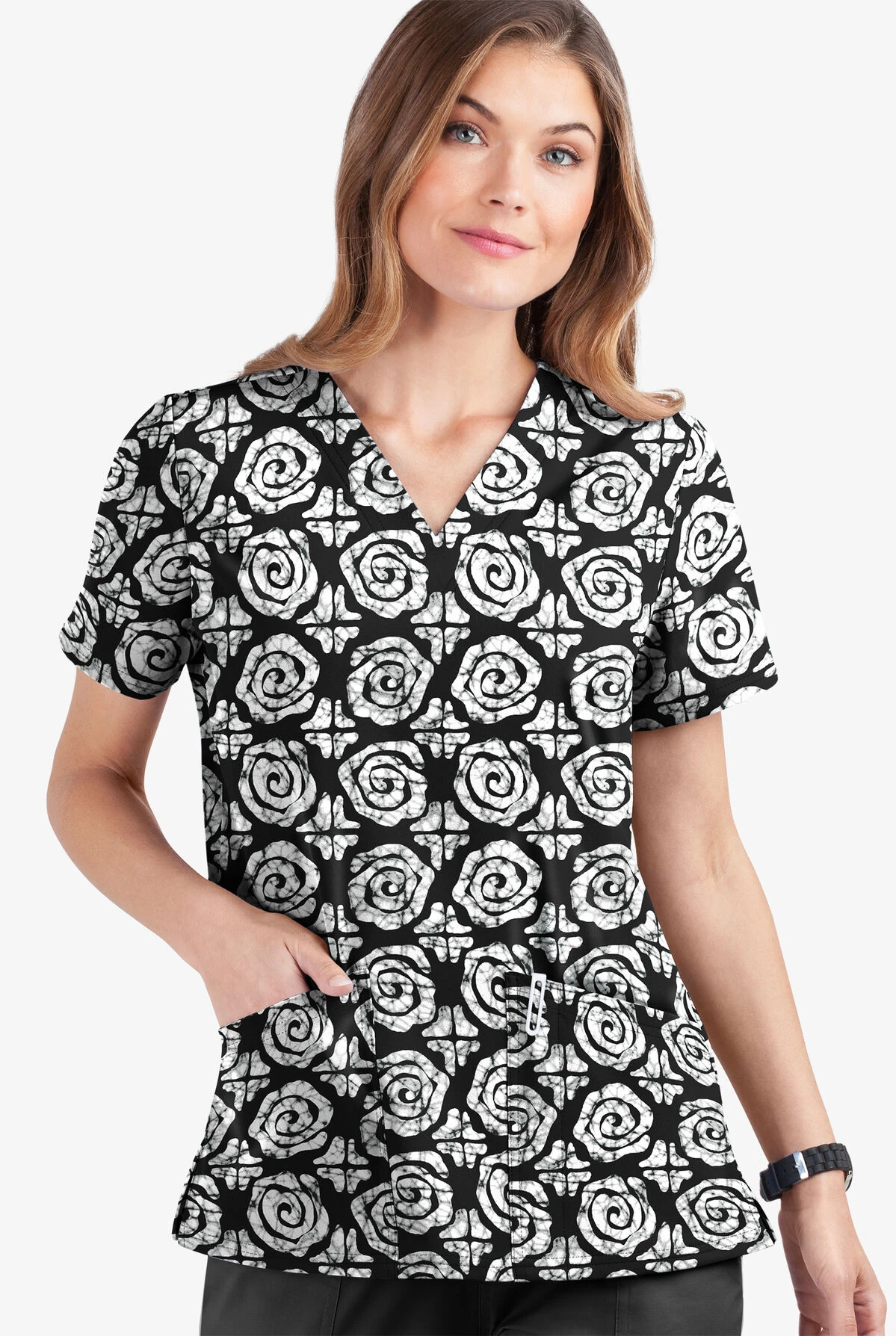 UA Butter-Soft STRETCH Desert Stars Black Printed Women's 2-Pocket V-Neck Scrub Top