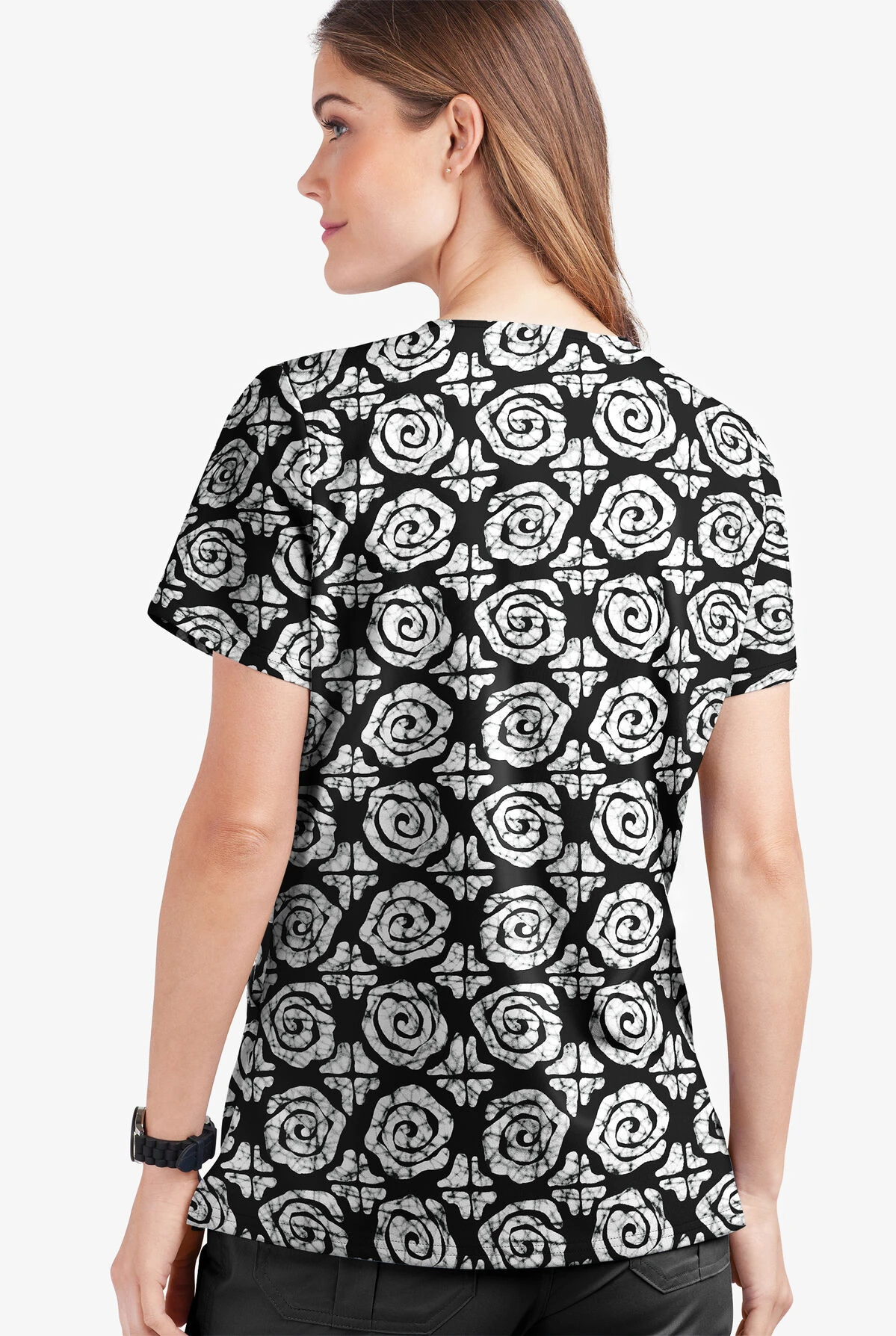 UA Butter-Soft STRETCH Desert Stars Black Printed Women's 2-Pocket V-Neck Scrub Top - Image 2