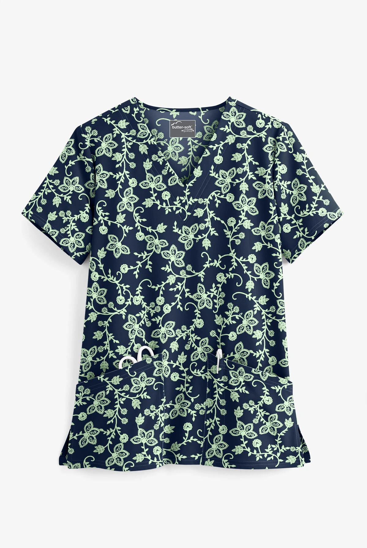 UA Butter-Soft STRETCH Floral Vines Navy Women's 2-Pocket V-Neck Print Scrub Top