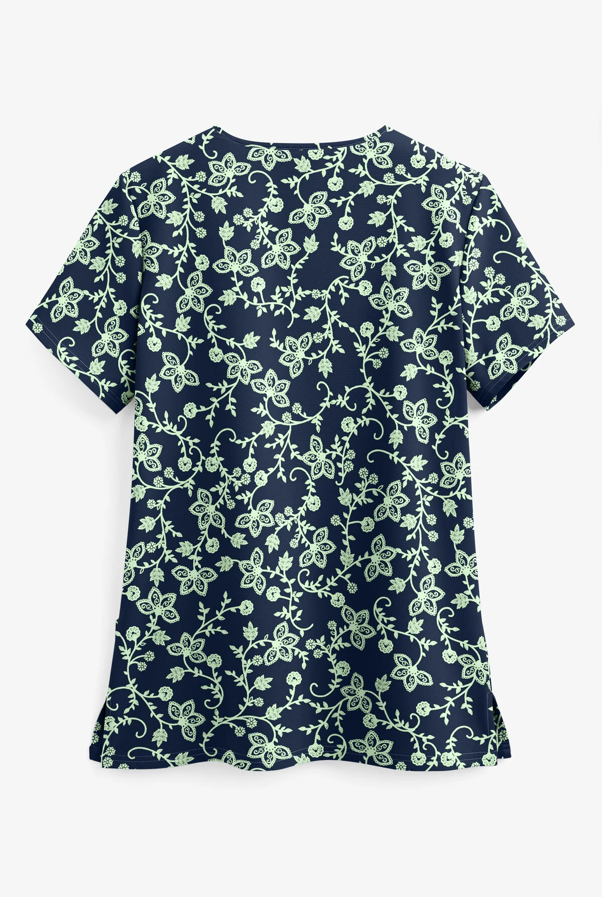 UA Butter-Soft STRETCH Floral Vines Navy Women's 2-Pocket V-Neck Print Scrub Top - Image 2