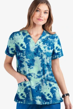 UA Butter-Soft STRETCH Watercolor Splash Aqua Moon Women's 2-Pocket V-Neck Print Scrub Top