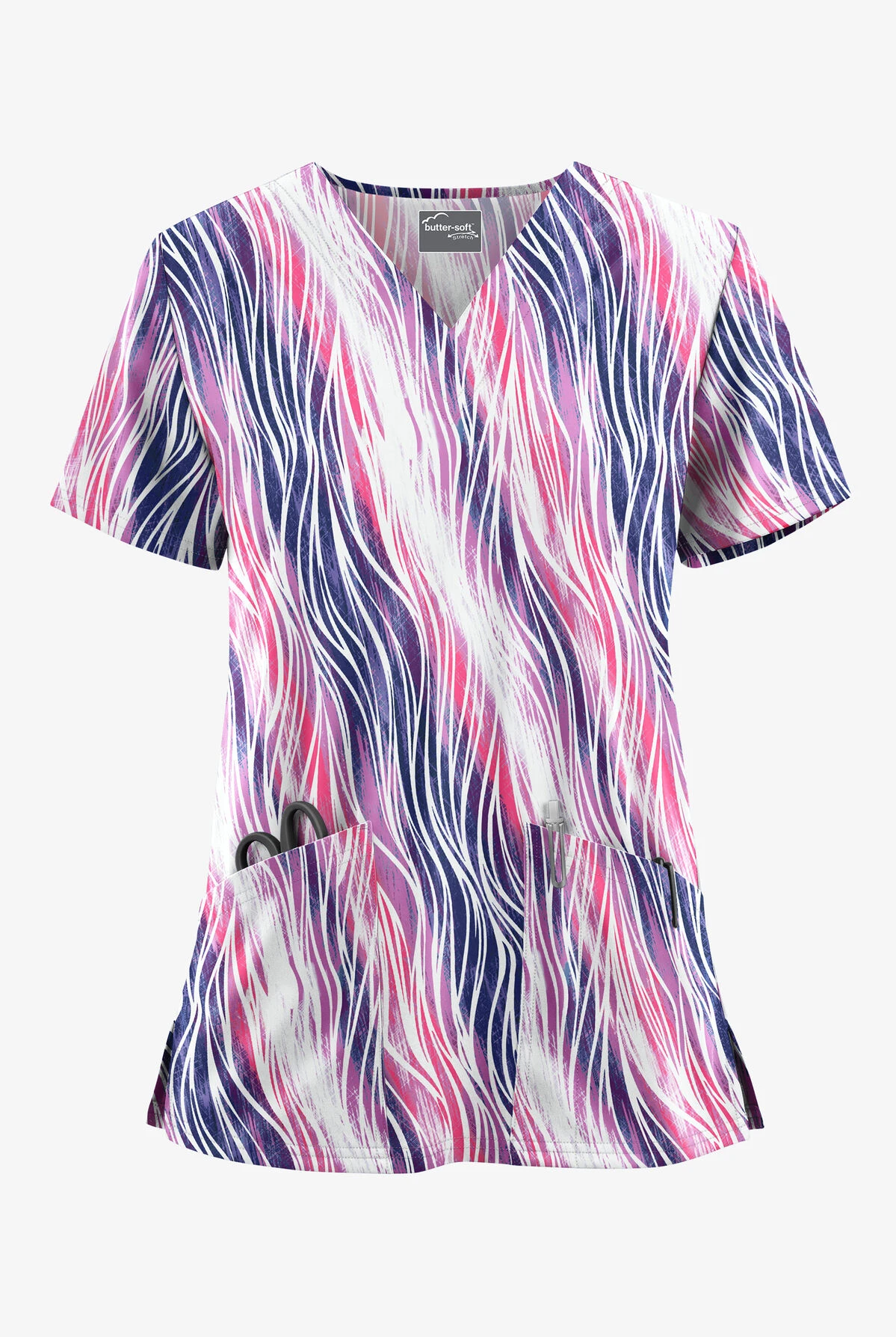 UA Butter-Soft STRETCH Water Waves Fuchsia Women's 2-Pocket V-Neck Print Scrub Top