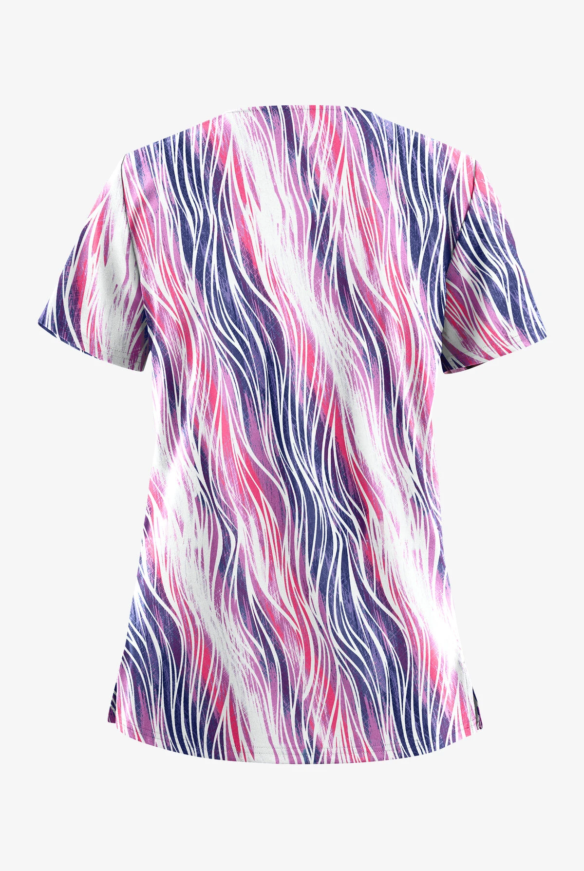 UA Butter-Soft STRETCH Water Waves Fuchsia Women's 2-Pocket V-Neck Print Scrub Top - Image 2