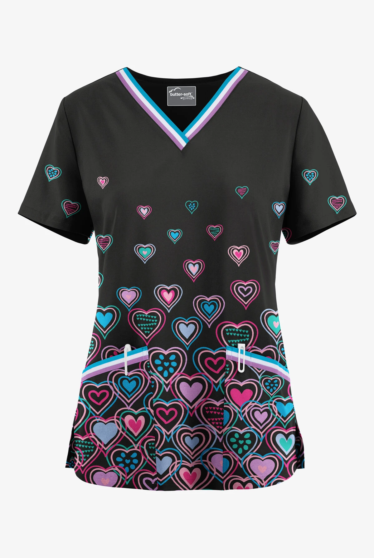 UA Butter-Soft STRETCH Bright Hearts Black Printed Women's V-Neck 3 Pocket Scrub Top