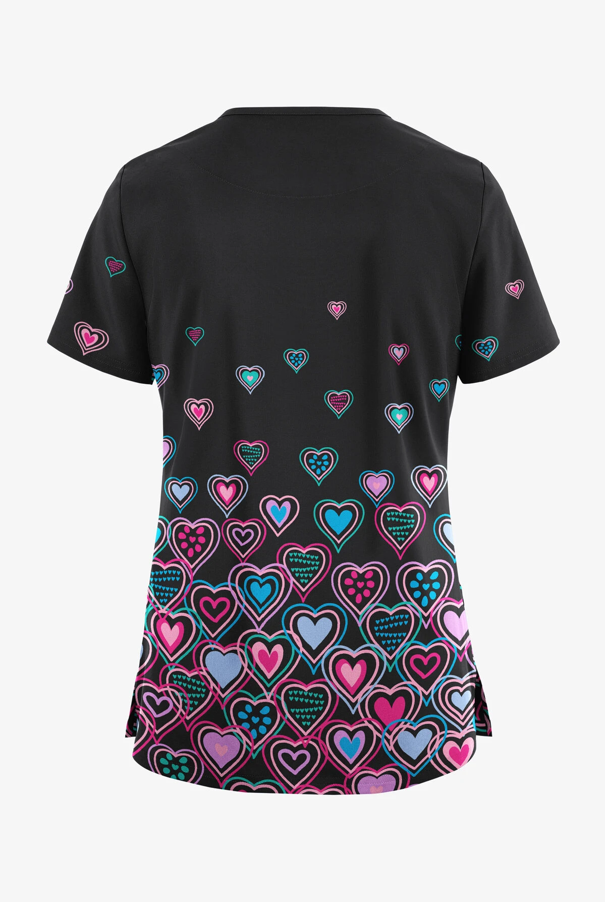 UA Butter-Soft STRETCH Bright Hearts Black Printed Women's V-Neck 3 Pocket Scrub Top - Image 2