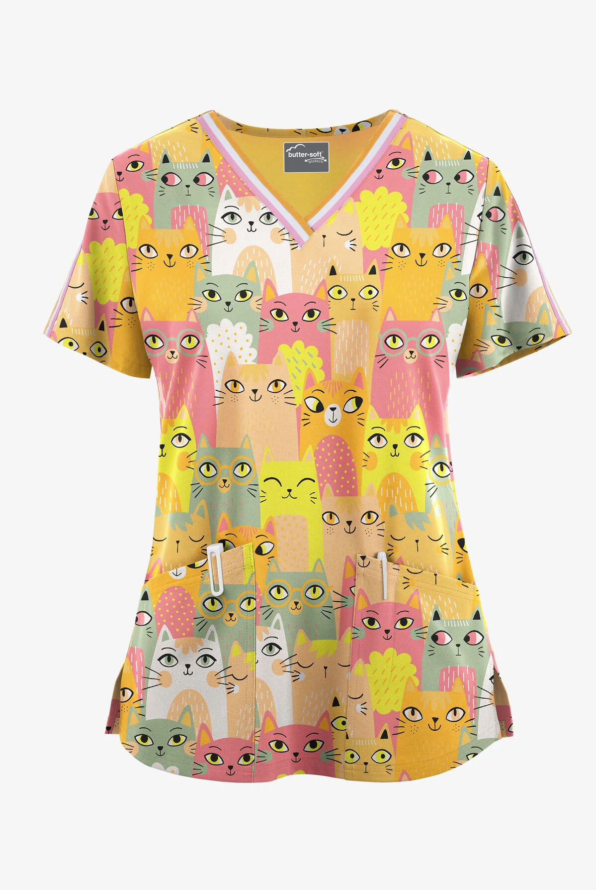 UA Butter-Soft STRETCH Party Time Guava Fizz Women's 3-Pocket V-Neck With Sport Trim Scrub Top