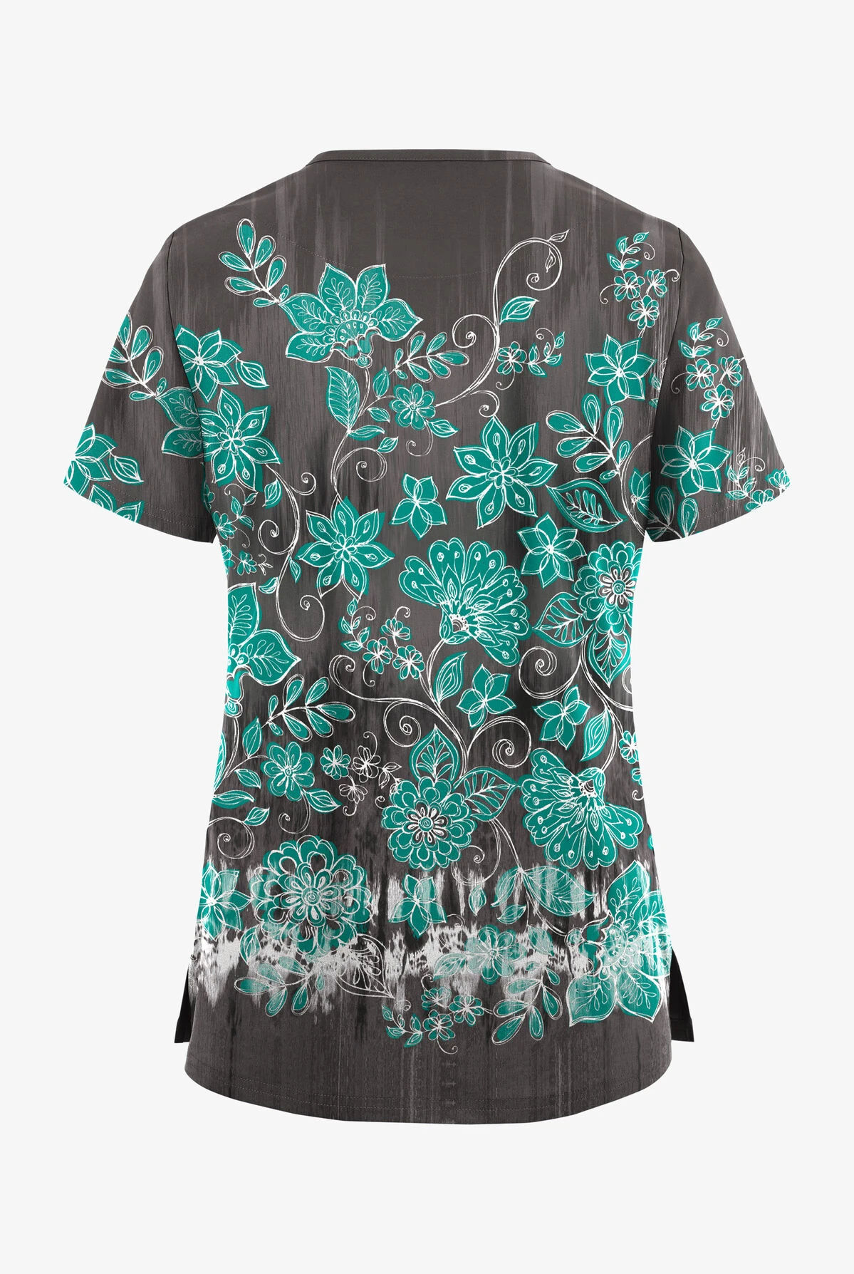 UA Butter-Soft STRETCH Wildflower Border Pewter Women's V-Neck 3 Pocket Printed Scrub Top - Image 2