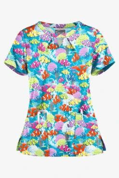 Butter-Soft Dazzling Reef Turquoise Women's 2-Pocket Key-Hole Neck Detailed Print Scrub Top