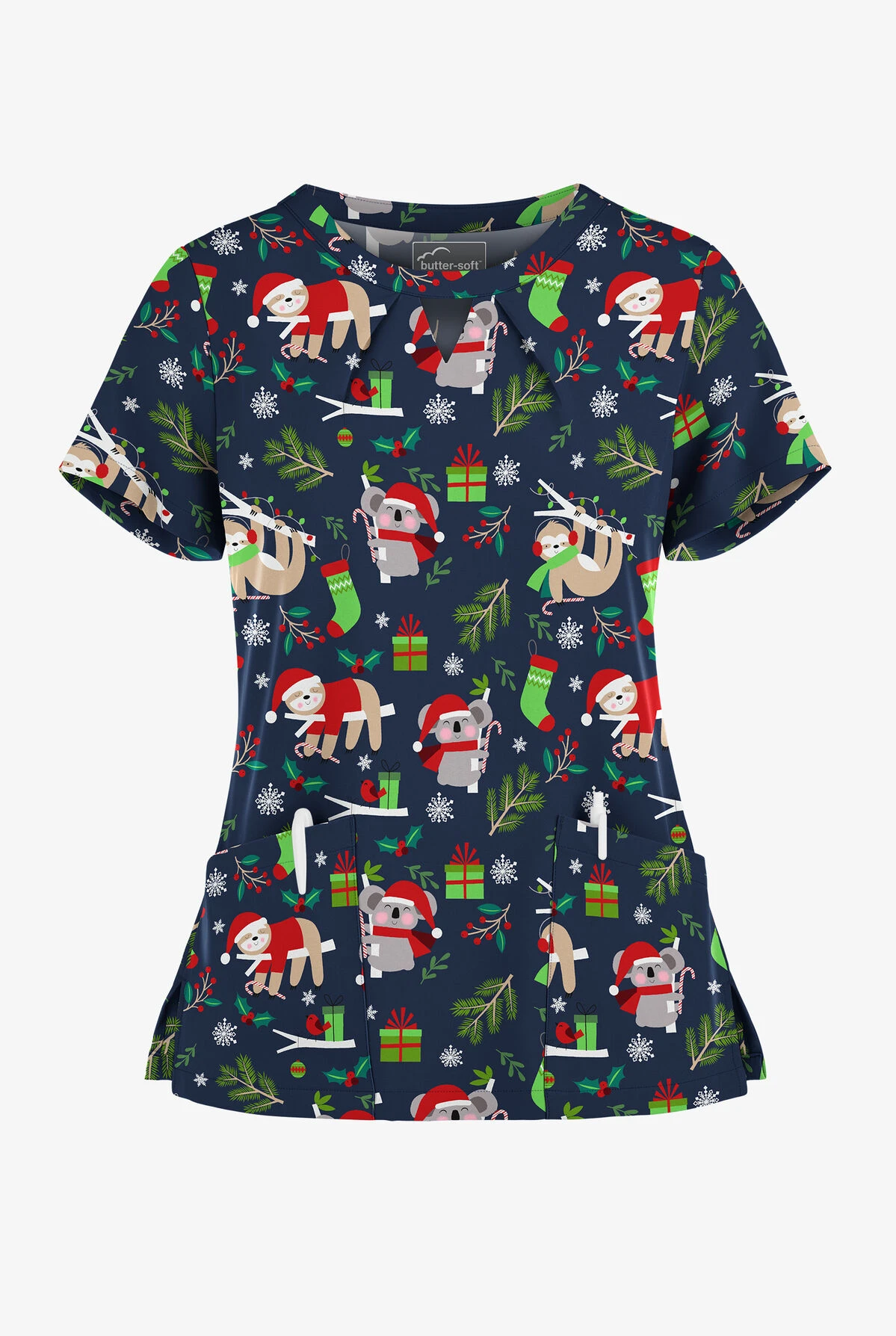 Butter-Soft Sleepy Holiday Navy Women's 2-Pocket Keyhole V Neck Print Scrub Top