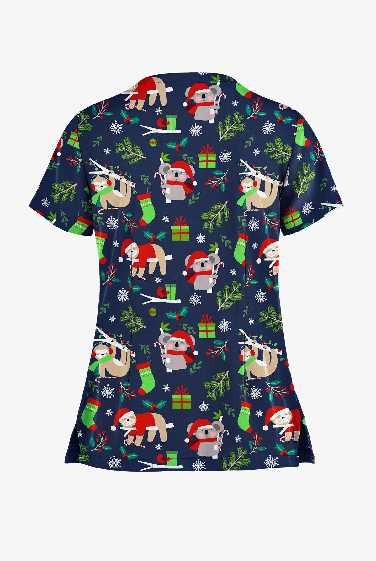 Butter-Soft Sleepy Holiday Navy Women's 2-Pocket Keyhole V Neck Print Scrub Top - Image 2