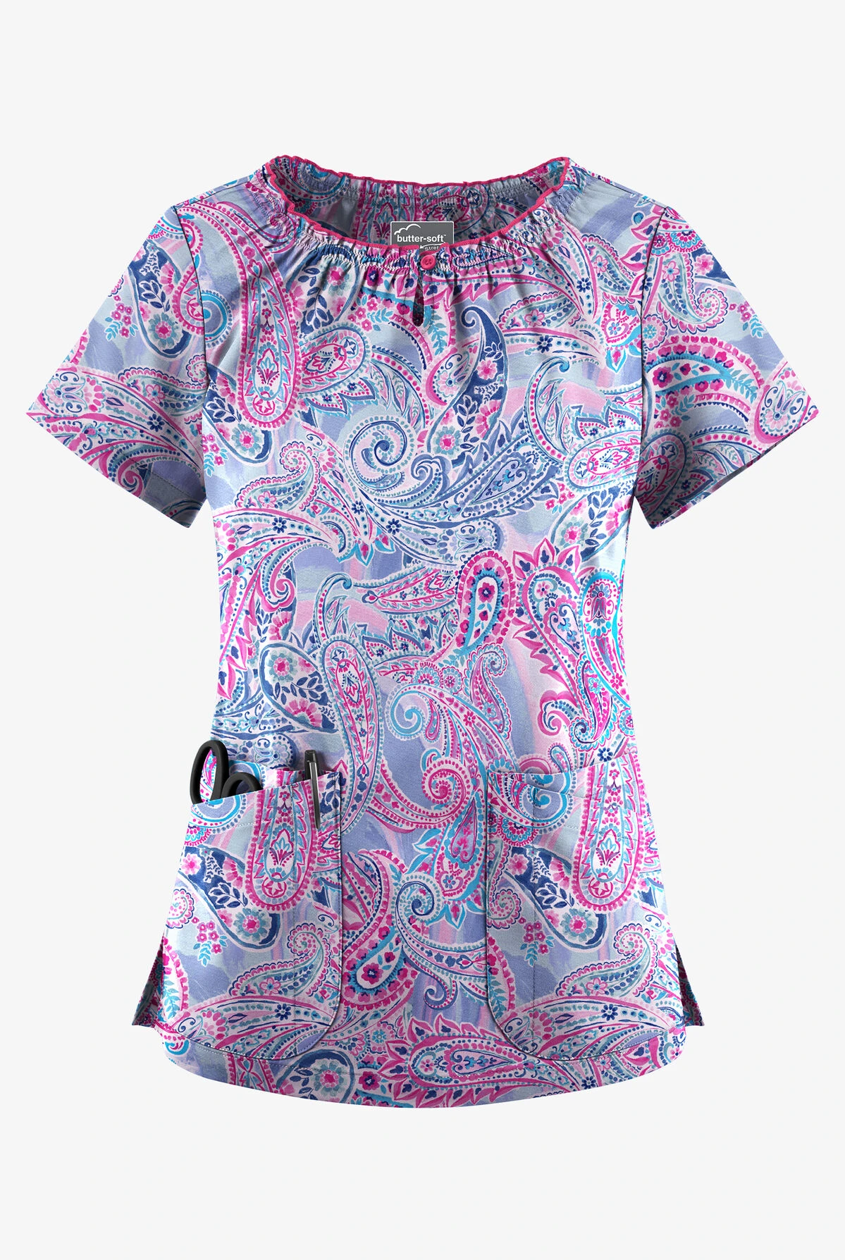 UA Butter-Soft STRETCH Paisley Romance Fuchsia Women's 6-Pocket Peasant Style Printed Scrub Top