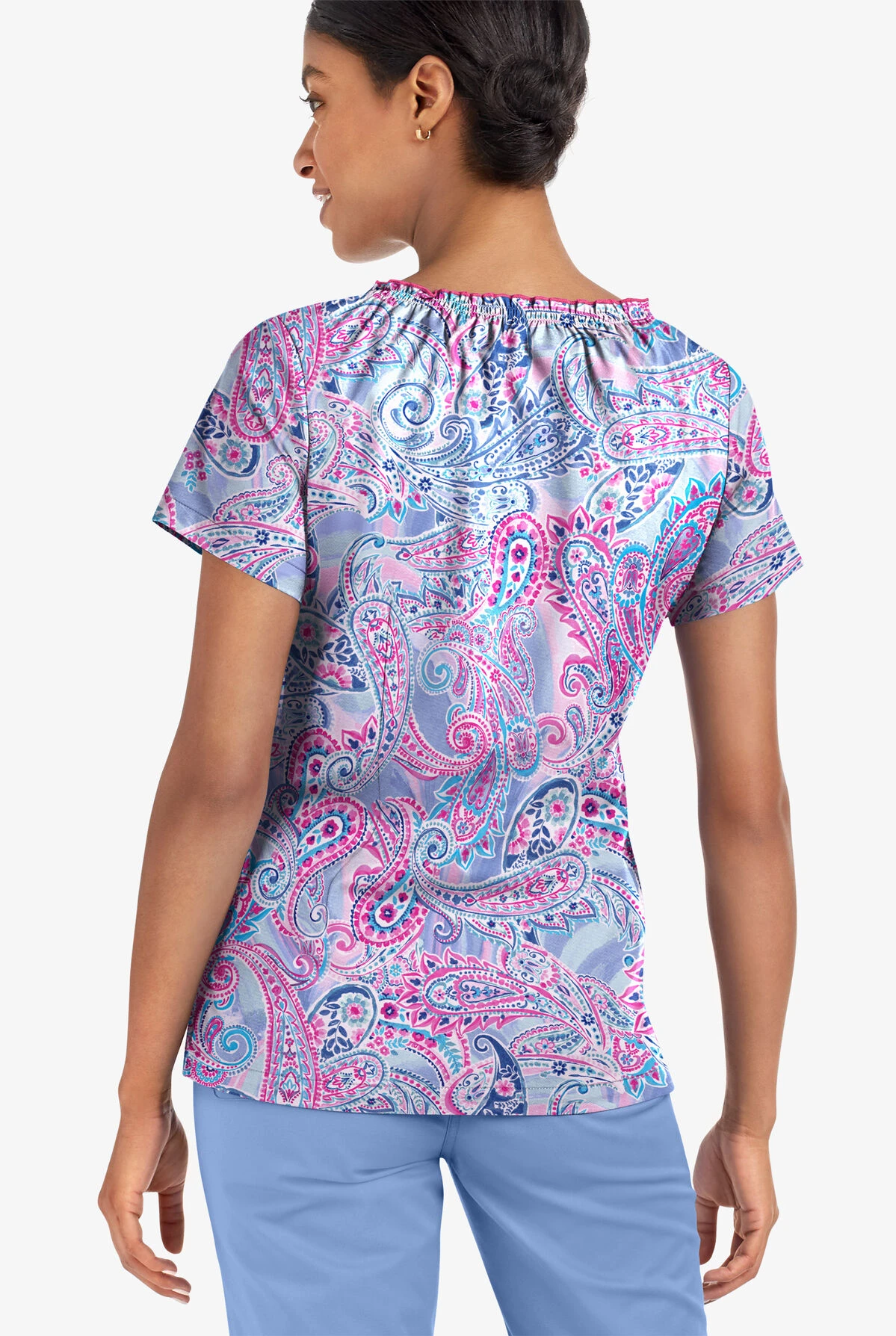 UA Butter-Soft STRETCH Paisley Romance Fuchsia Women's 6-Pocket Peasant Style Printed Scrub Top - Image 3