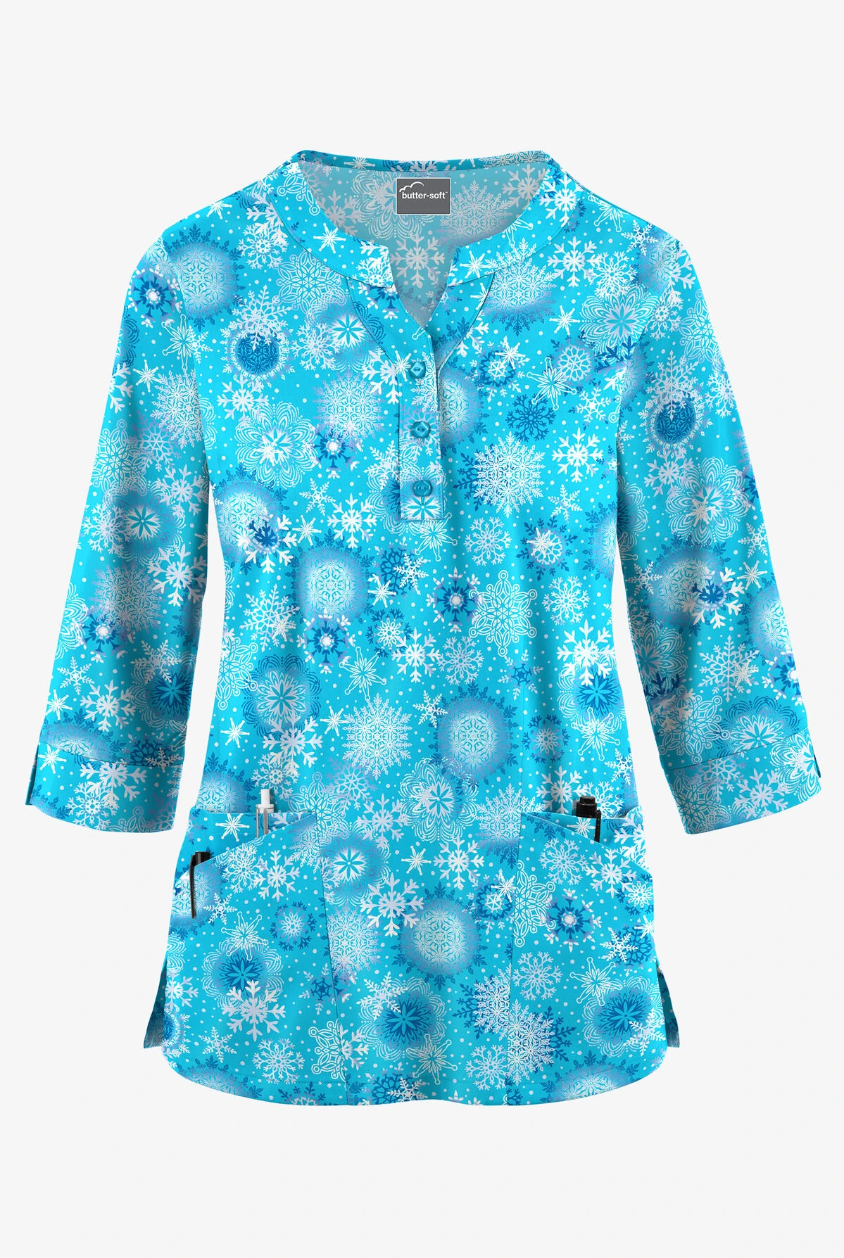 Butter-Soft Dazzling Snowflakes Turquoise Women's 2-Pocket Round Neckline Print Scrub Top