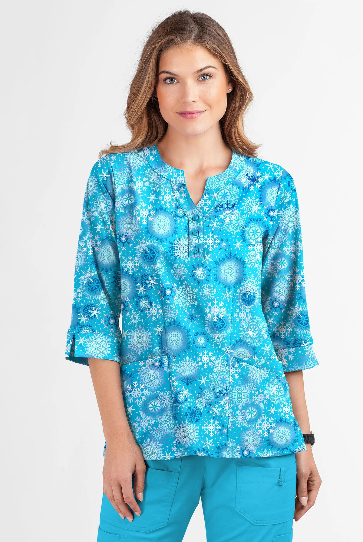 Butter-Soft Dazzling Snowflakes Turquoise Women's 2-Pocket Round Neckline Print Scrub Top - Image 2